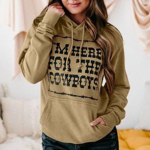 Khaki I'm here for the cowboys Print Graphic Hoodie with Kangaroo Pocket